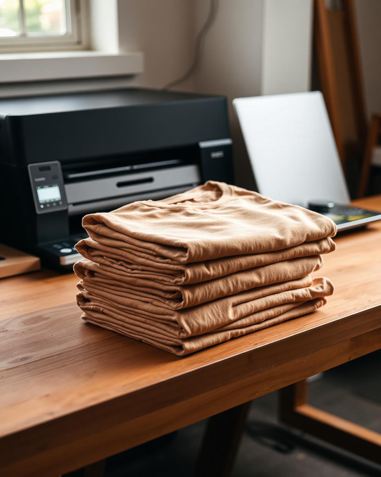 Folded premium cotton t-shirts on a wooden studio table beside a DTF printer and heat press